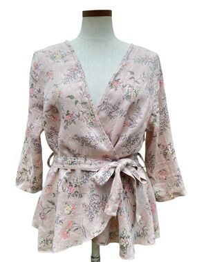 FRANCESCA BETTINI ITALY Pale Pink Floral Linen Wrap Blouse Sz XL
